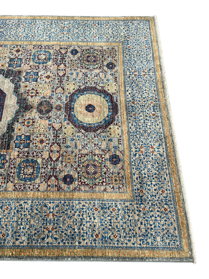 Blue, Ivory &amp; Plum Mamluk Style Geometric Wool Rug – 6’1” x 9’0”