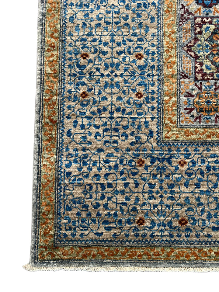 Blue, Ivory &amp; Plum Mamluk Style Geometric Wool Rug – 6’1” x 9’0”