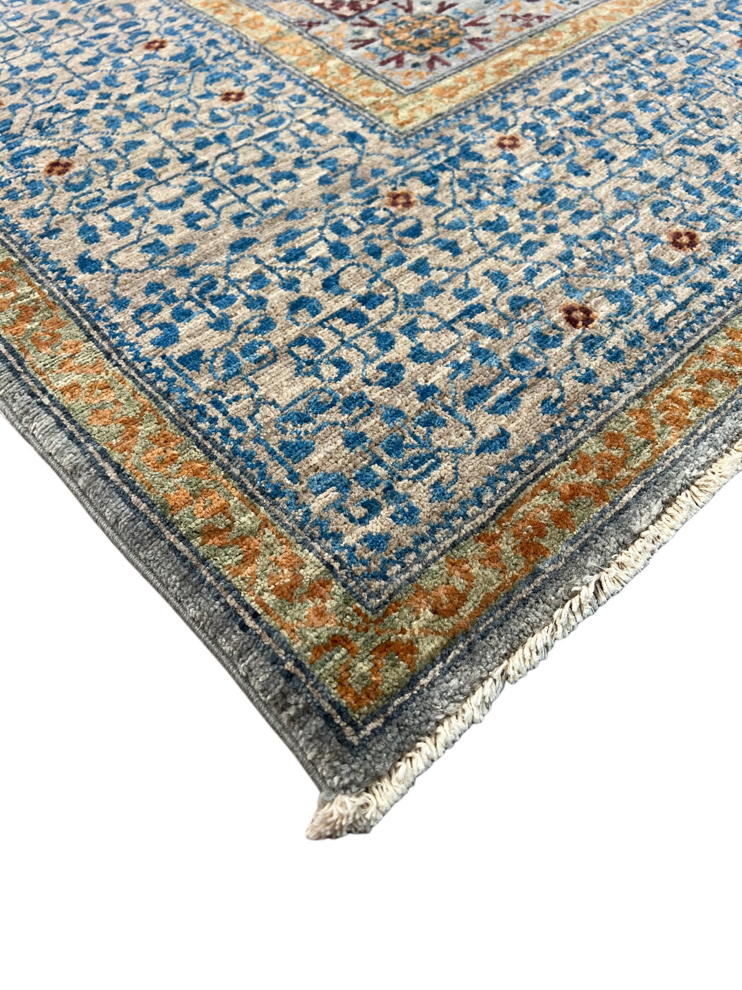 Blue, Ivory &amp; Plum Mamluk Style Geometric Wool Rug – 6’1” x 9’0”
