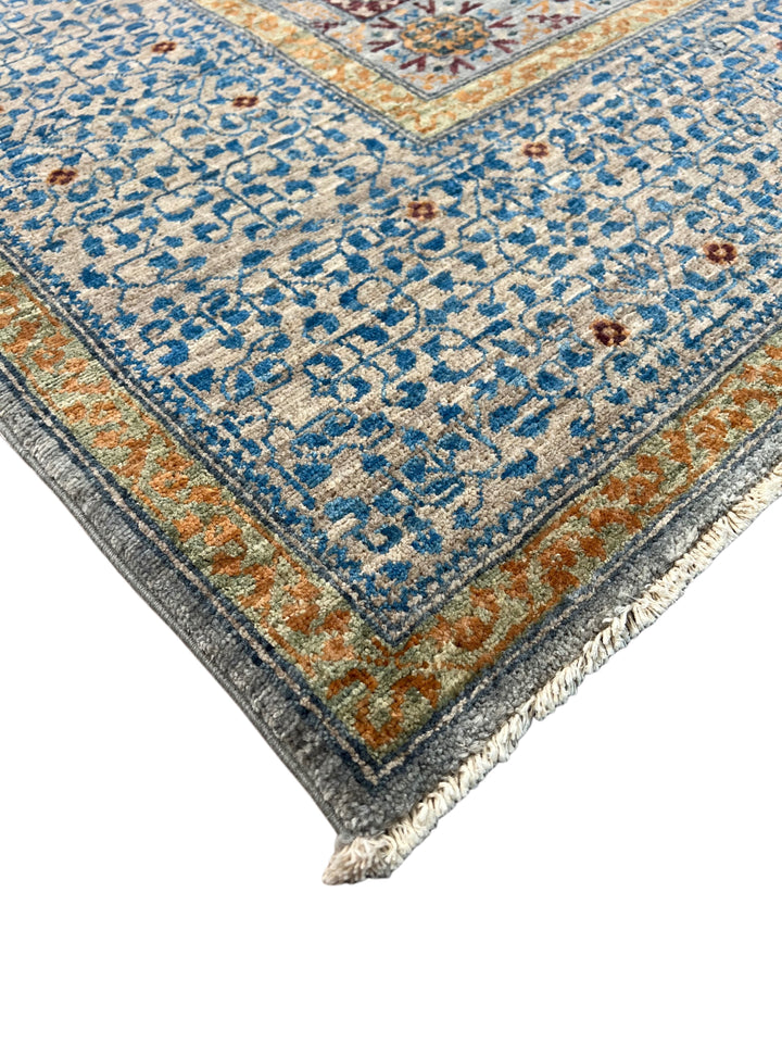 Blue, Ivory &amp; Plum Mamluk Style Geometric Wool Rug – 6’1” x 9’0”