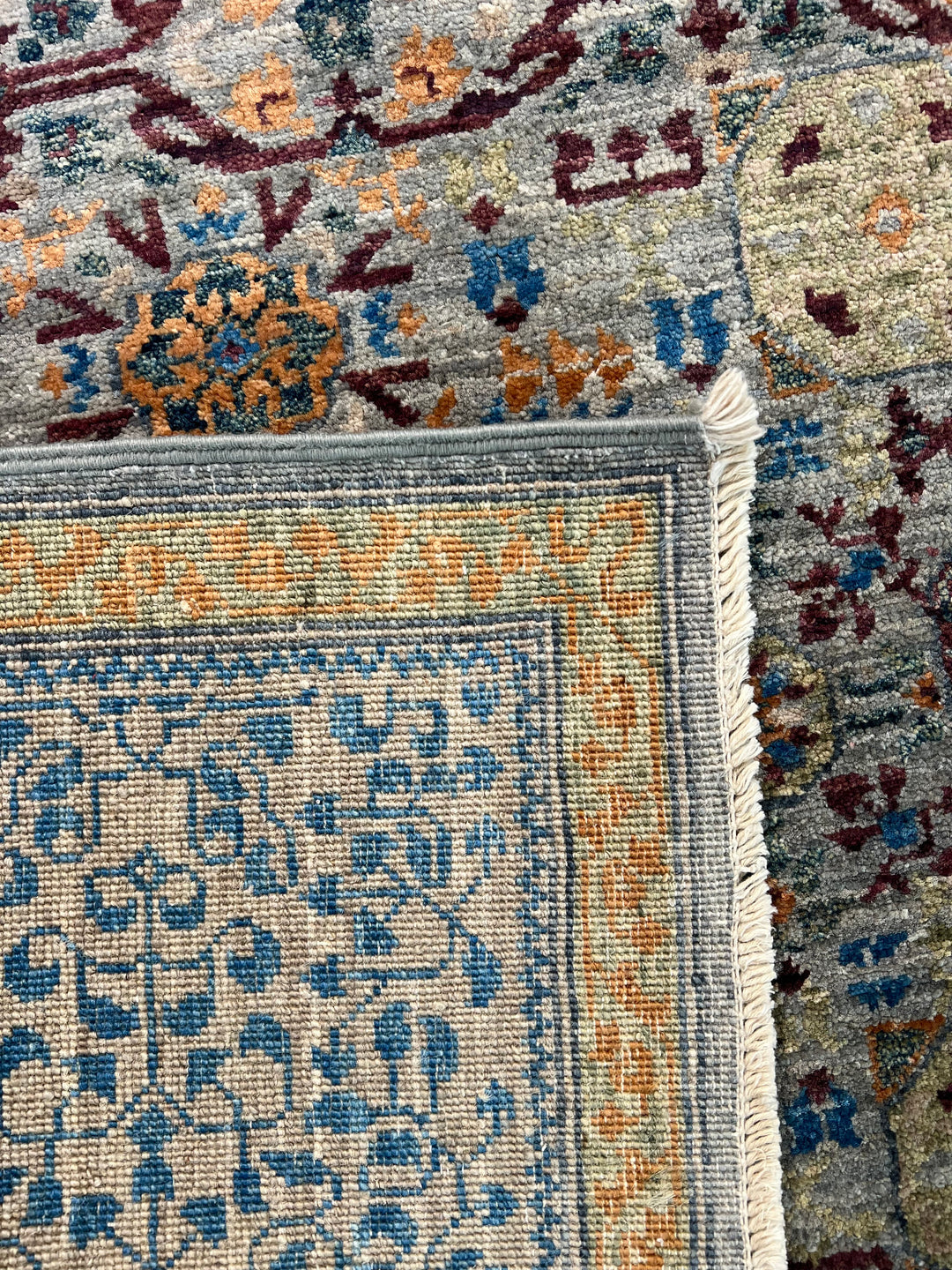 Blue, Ivory &amp; Plum Mamluk Style Geometric Wool Rug – 6’1” x 9’0”