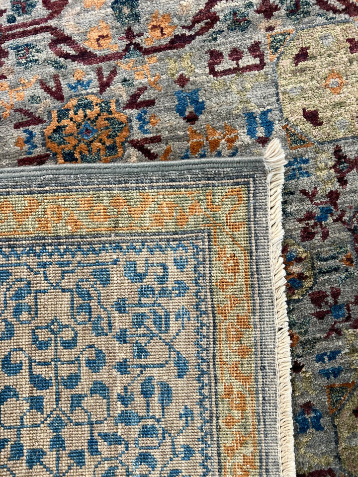Blue, Ivory &amp; Plum Mamluk Style Geometric Wool Rug – 6’1” x 9’0”
