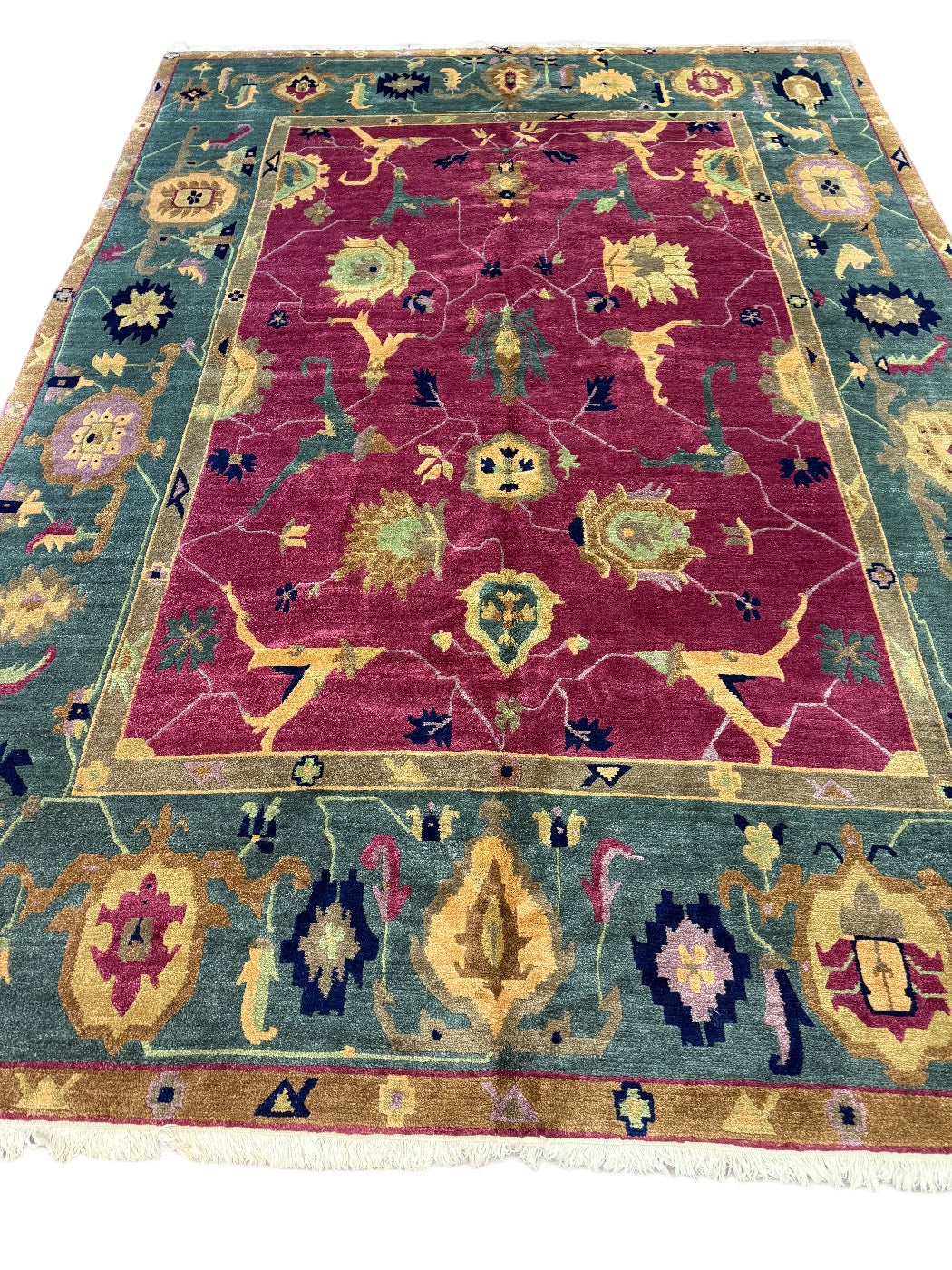 Tibetan Wool Rug – Botanical Design – Burgundy &amp; Sage – 10’1” x 14’7”