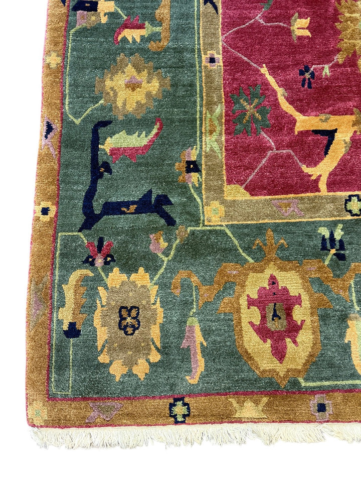 Tibetan Wool Rug – Botanical Design – Burgundy &amp; Sage – 10’1” x 14’7”