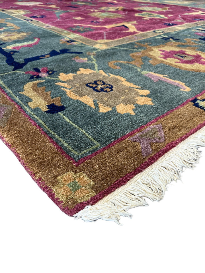 Tibetan Wool Rug – Botanical Design – Burgundy &amp; Sage – 10’1” x 14’7”