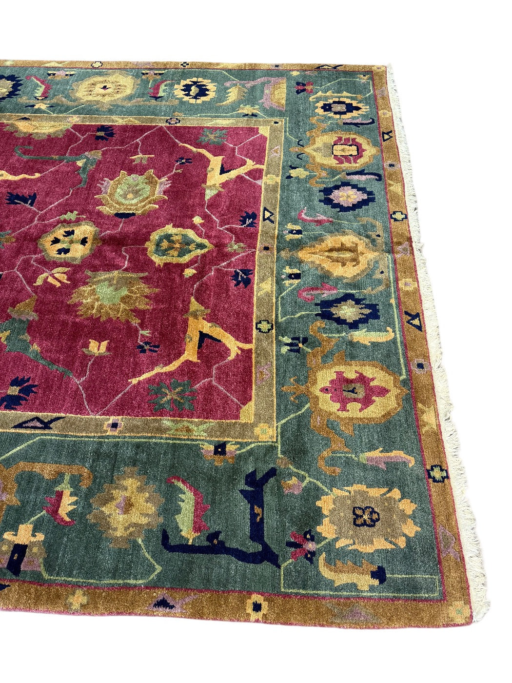 Tibetan Wool Rug – Botanical Design – Burgundy &amp; Sage – 10’1” x 14’7”