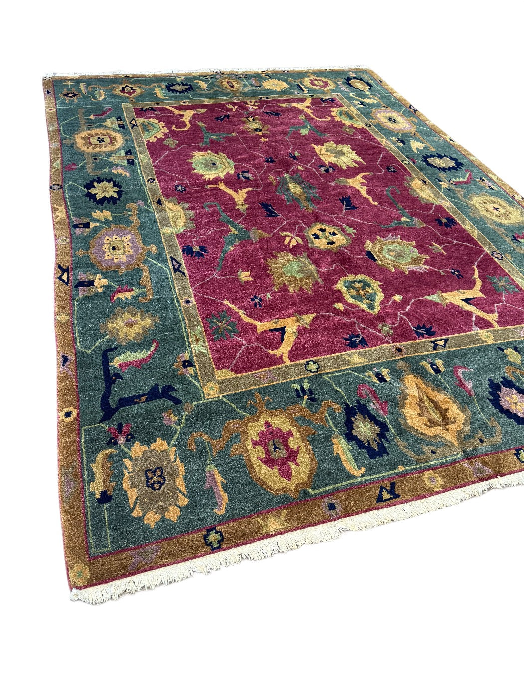 Tibetan Wool Rug – Botanical Design – Burgundy &amp; Sage – 10’1” x 14’7”