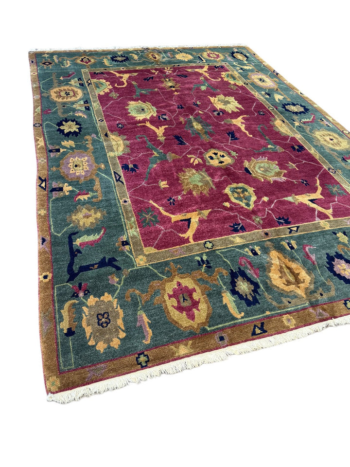 Tibetan Wool Rug – Botanical Design – Burgundy &amp; Sage – 10’1” x 14’7”