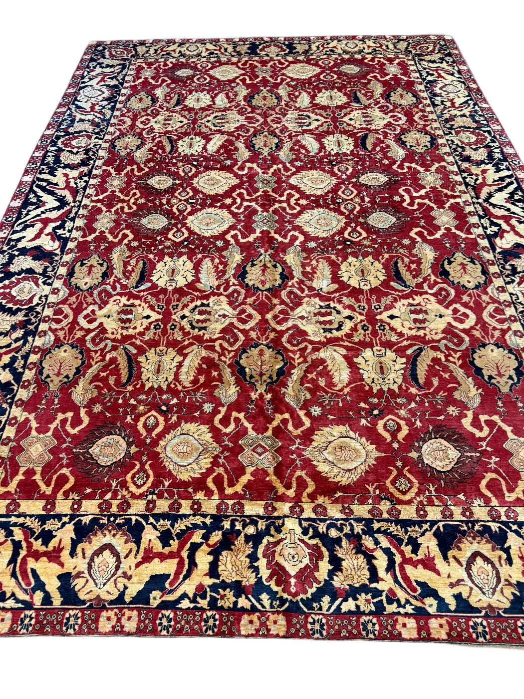 Ruby Red Floral Design Agra Style Wool Rug – 9’9” x 13’9”