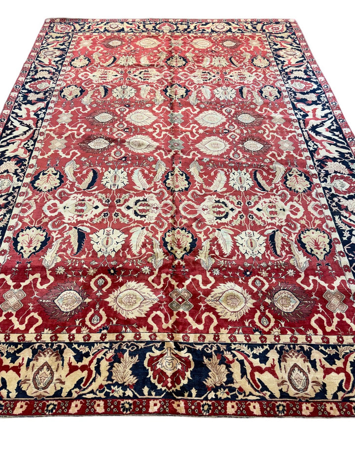Ruby Red Floral Design Agra Style Wool Rug – 9’9” x 13’9”