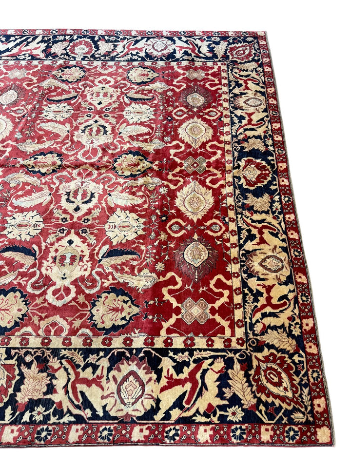 Ruby Red Floral Design Agra Style Wool Rug – 9’9” x 13’9”