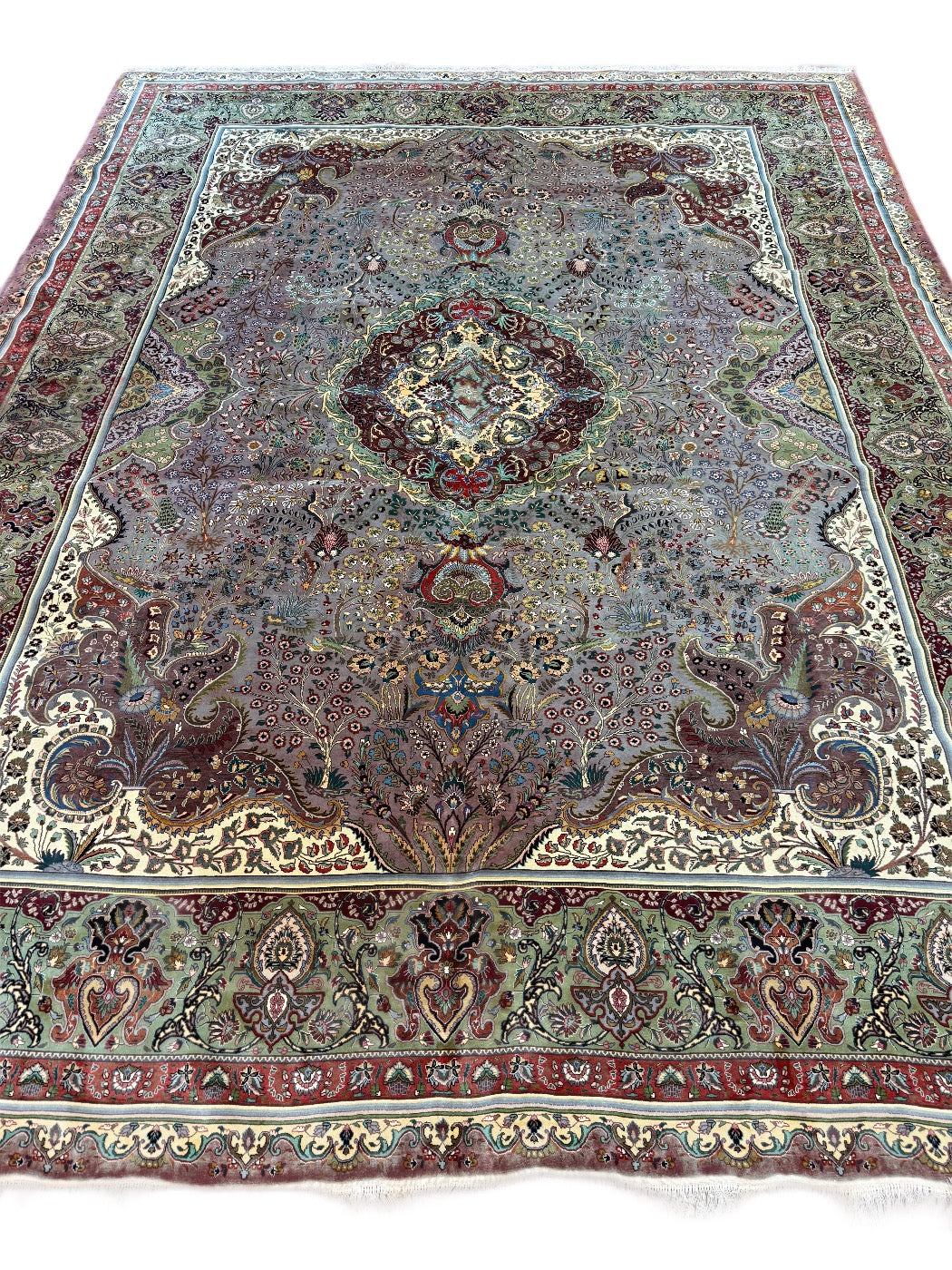 Sage &amp; Lavender Medallion Design Tabriz Style Wool Rug – 10’0” x 12’8”
