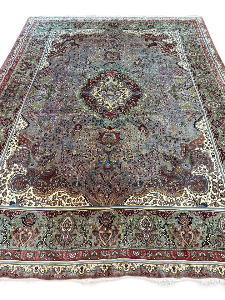 Sage &amp; Lavender Medallion Design Tabriz Style Wool Rug – 10’0” x 12’8”