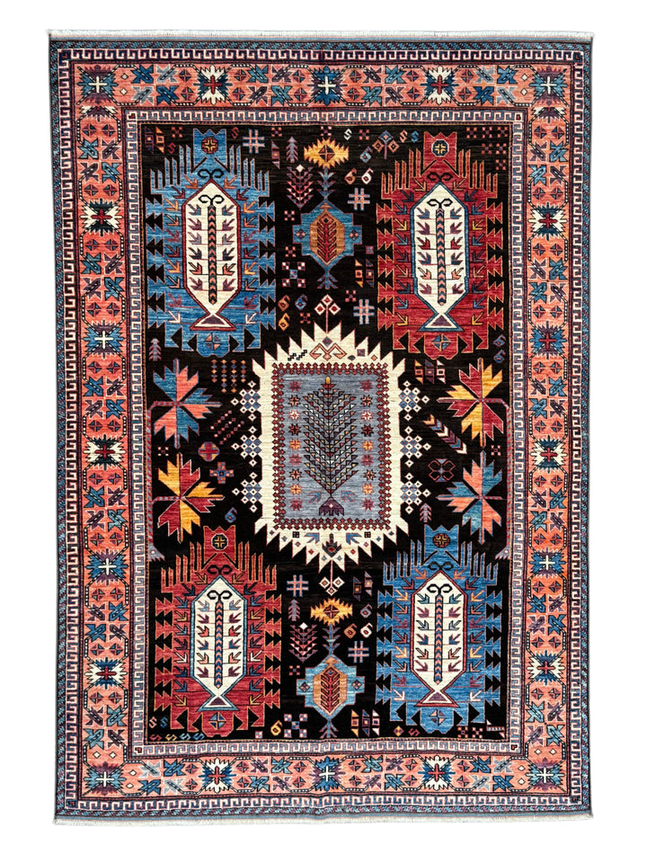 Black, Coral &amp; Blue Geometric Tribal Style Wool Rug – 6’1” x 8’8”