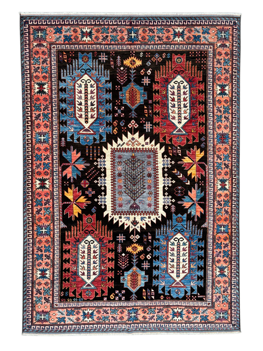 Black, Coral & Blue Geometric Tribal Style Wool Rug – 6’1” x 8’8”