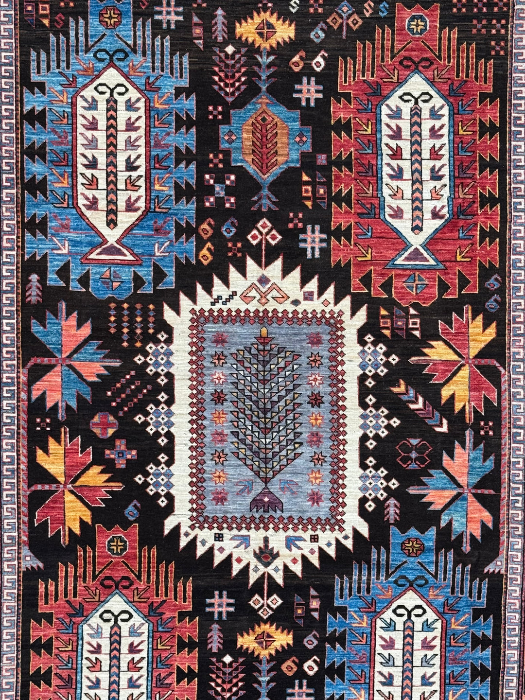 Black, Coral &amp; Blue Geometric Tribal Style Wool Rug – 6’1” x 8’8”