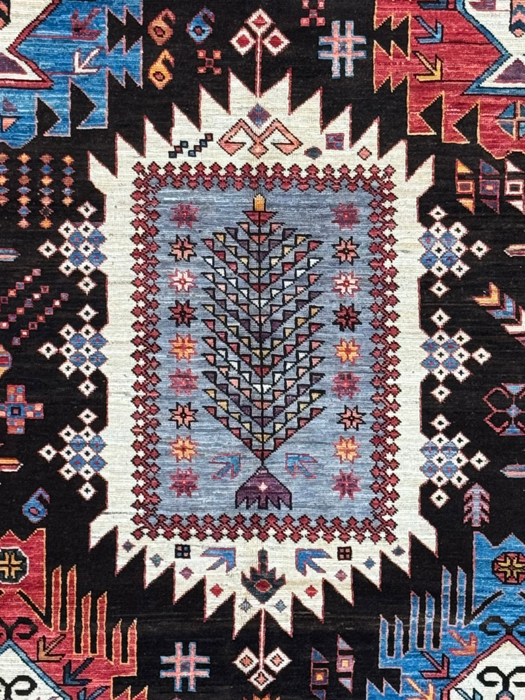 Black, Coral &amp; Blue Geometric Tribal Style Wool Rug – 6’1” x 8’8”