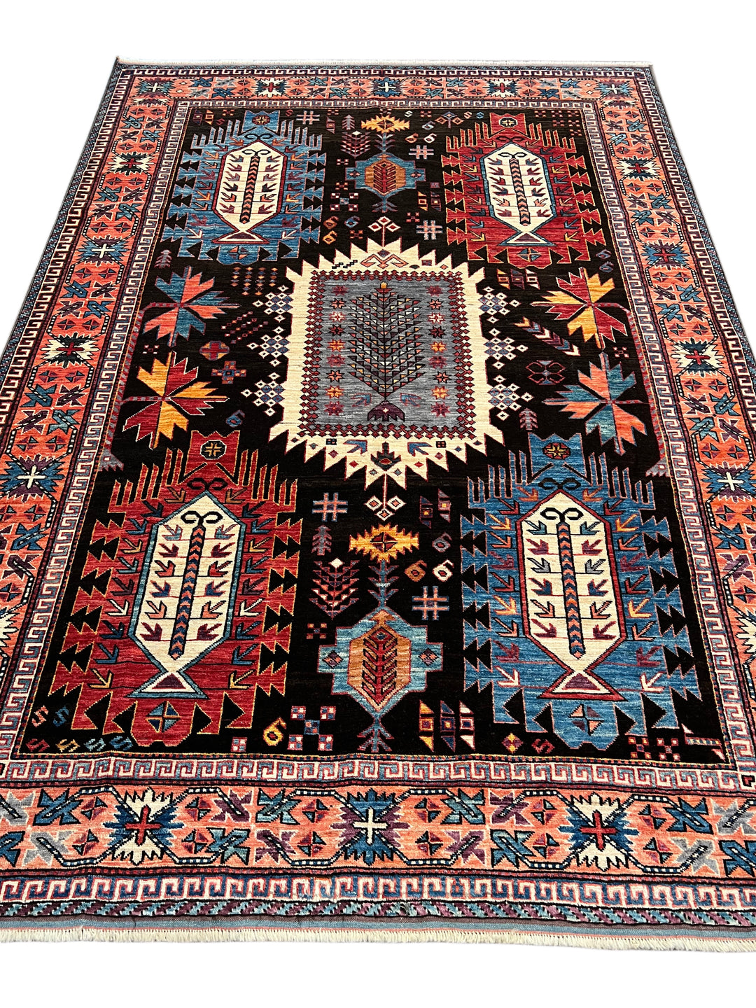 Black, Coral &amp; Blue Geometric Tribal Style Wool Rug – 6’1” x 8’8”