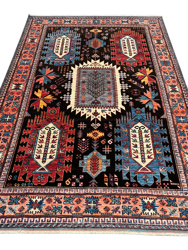 Black, Coral &amp; Blue Geometric Tribal Style Wool Rug – 6’1” x 8’8”