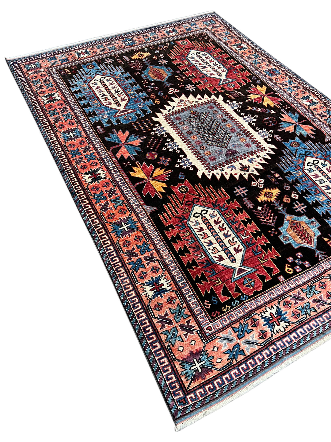 Black, Coral &amp; Blue Geometric Tribal Style Wool Rug – 6’1” x 8’8”