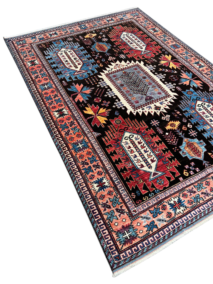 Black, Coral &amp; Blue Geometric Tribal Style Wool Rug – 6’1” x 8’8”