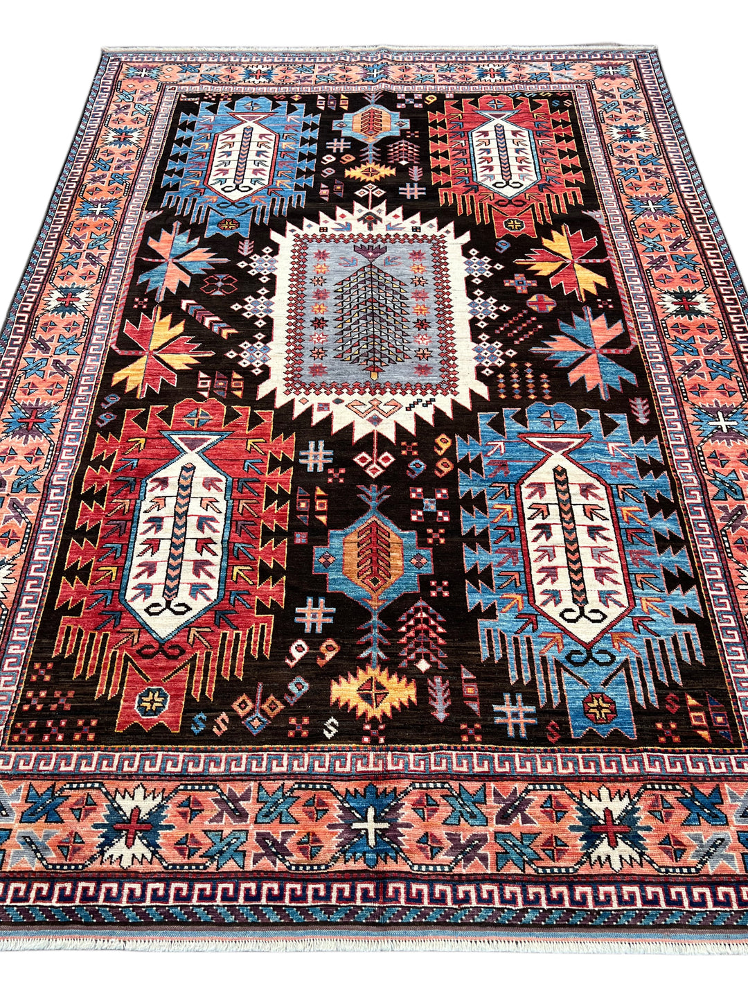 Black, Coral &amp; Blue Geometric Tribal Style Wool Rug – 6’1” x 8’8”
