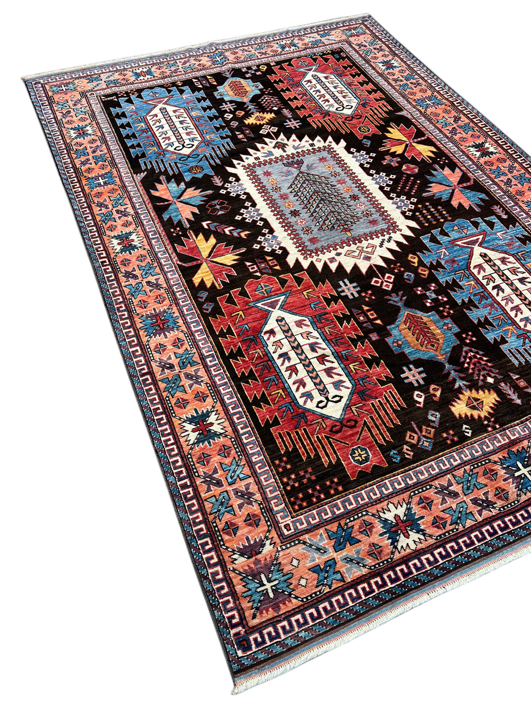 Black, Coral &amp; Blue Geometric Tribal Style Wool Rug – 6’1” x 8’8”
