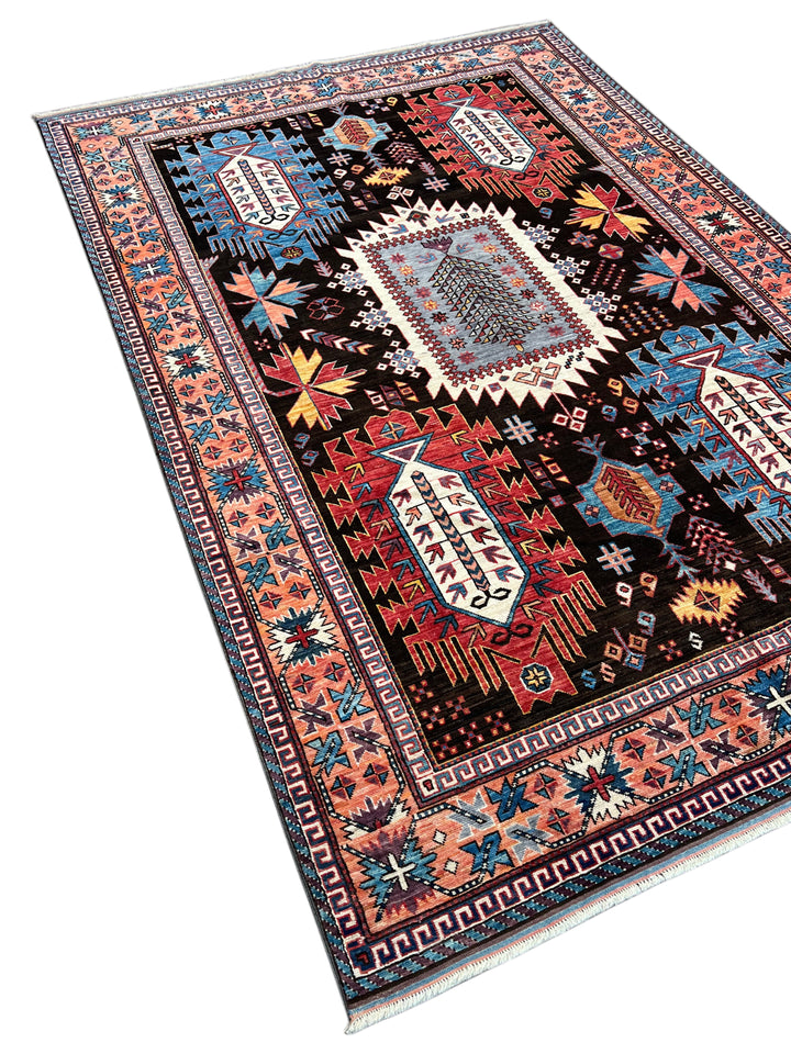 Black, Coral &amp; Blue Geometric Tribal Style Wool Rug – 6’1” x 8’8”