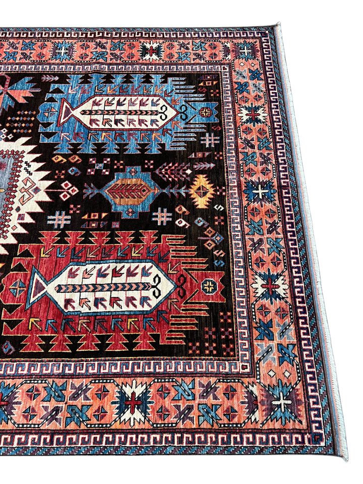 Black, Coral &amp; Blue Geometric Tribal Style Wool Rug – 6’1” x 8’8”