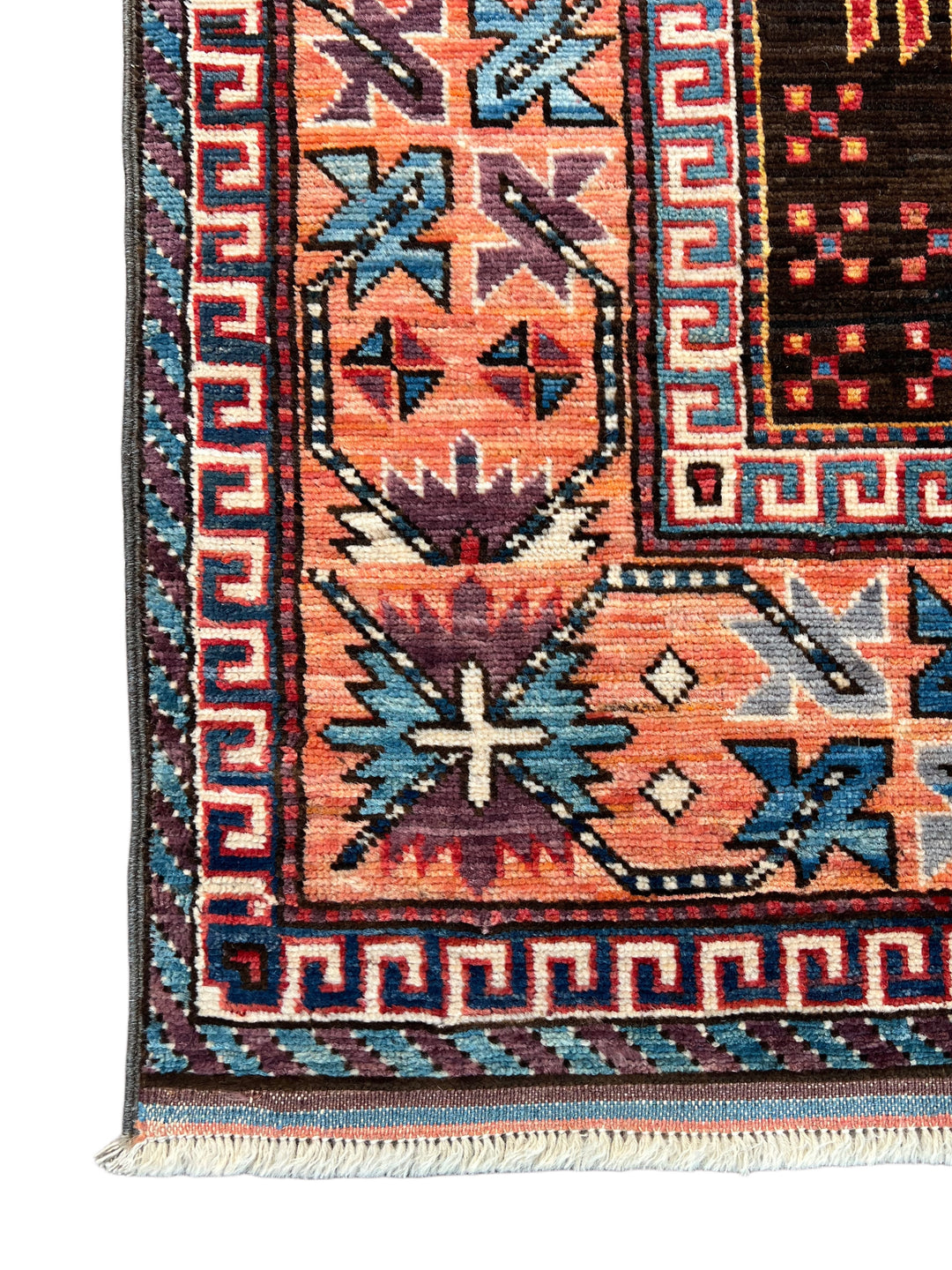Black, Coral &amp; Blue Geometric Tribal Style Wool Rug – 6’1” x 8’8”