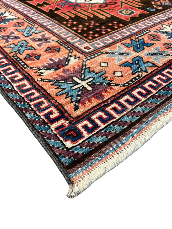 Black, Coral &amp; Blue Geometric Tribal Style Wool Rug – 6’1” x 8’8”