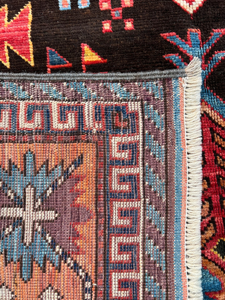 Black, Coral &amp; Blue Geometric Tribal Style Wool Rug – 6’1” x 8’8”