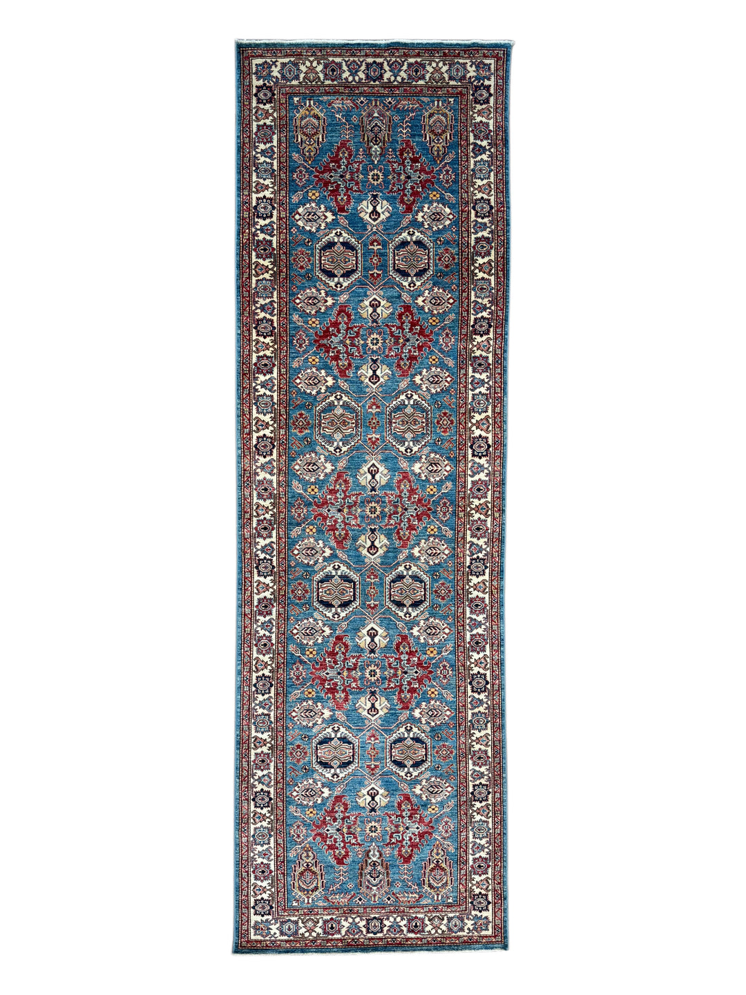 Blue, Burgundy &amp; Ivory Geometric Floral Wool Runner Rug – 4’0” x 13’3”
