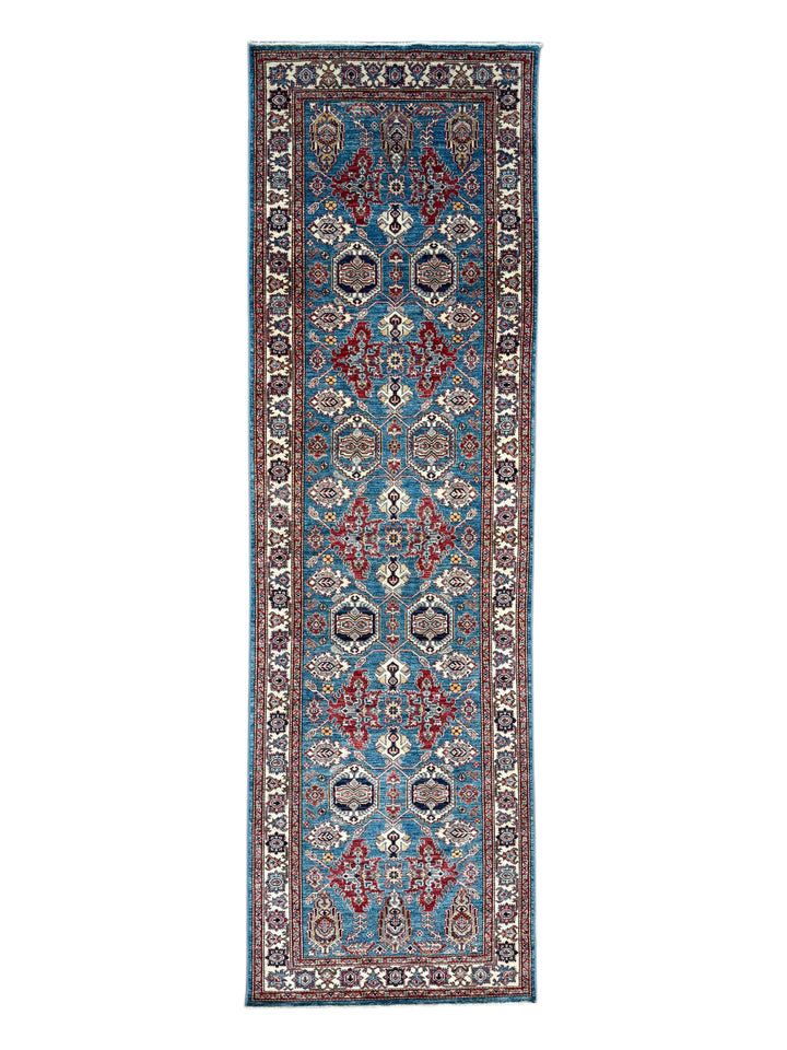 Blue, Burgundy &amp; Ivory Geometric Floral Wool Runner Rug – 4’0” x 13’3”