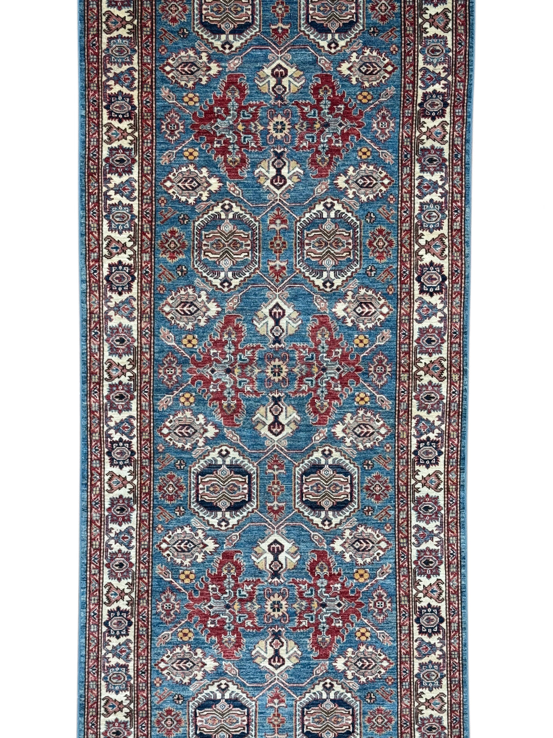 Blue, Burgundy &amp; Ivory Geometric Floral Wool Runner Rug – 4’0” x 13’3”