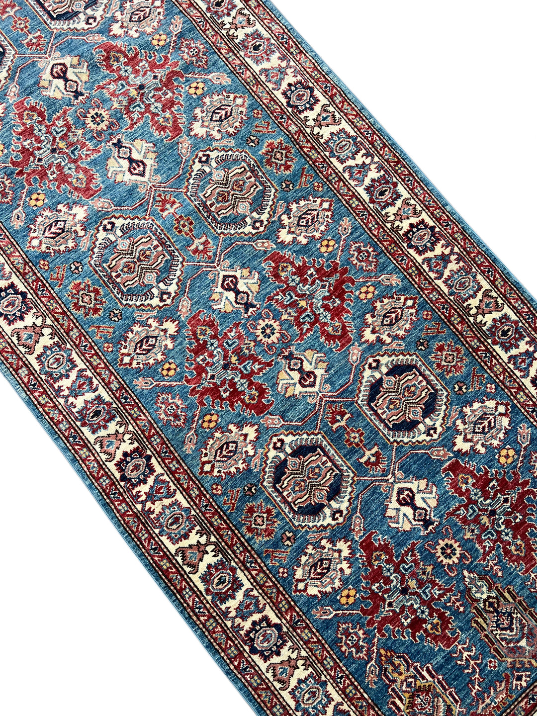 Blue, Burgundy &amp; Ivory Geometric Floral Wool Runner Rug – 4’0” x 13’3”