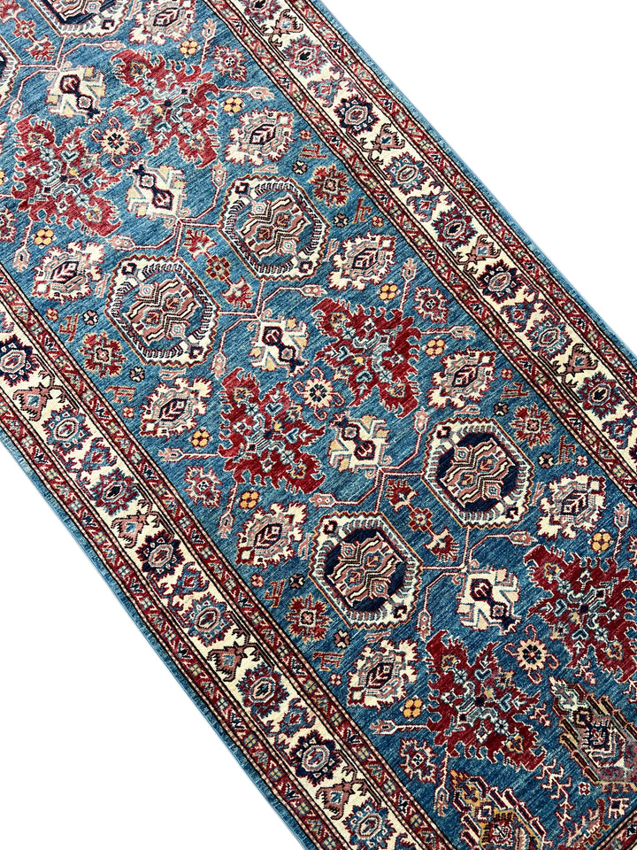 Blue, Burgundy &amp; Ivory Geometric Floral Wool Runner Rug – 4’0” x 13’3”