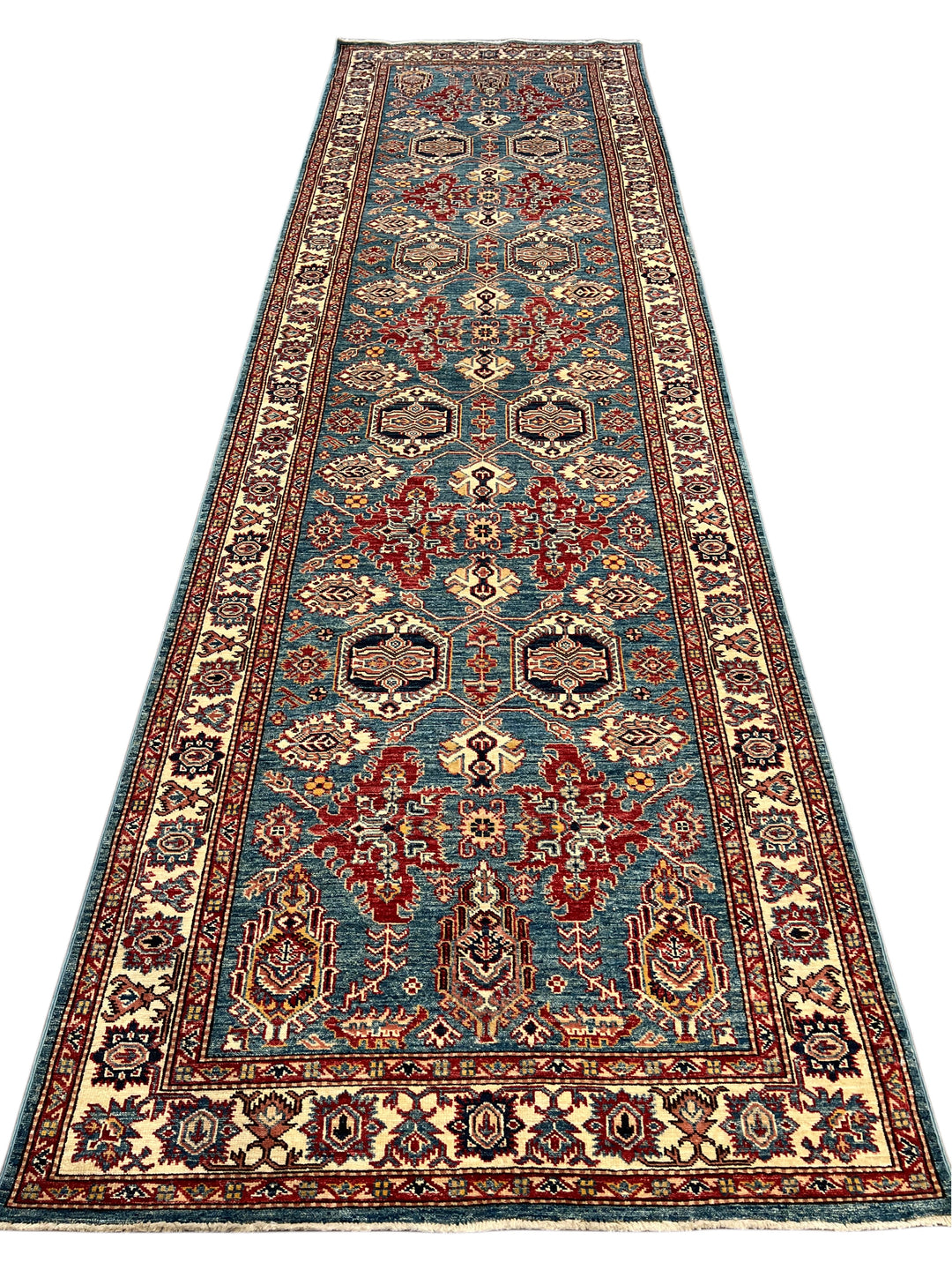 Blue, Burgundy &amp; Ivory Geometric Floral Wool Runner Rug – 4’0” x 13’3”