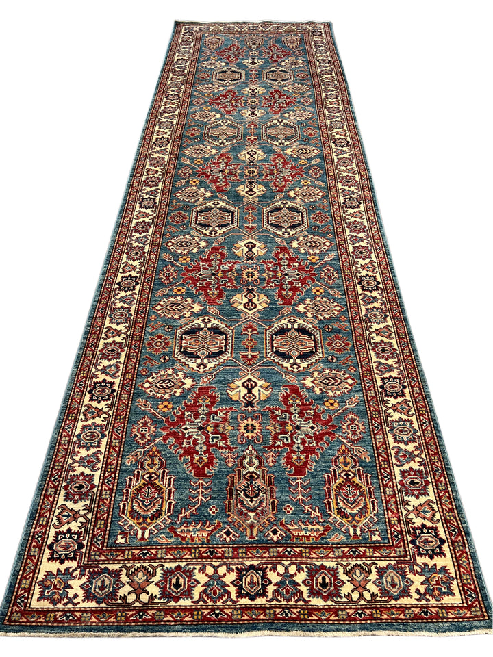 Blue, Burgundy &amp; Ivory Geometric Floral Wool Runner Rug – 4’0” x 13’3”