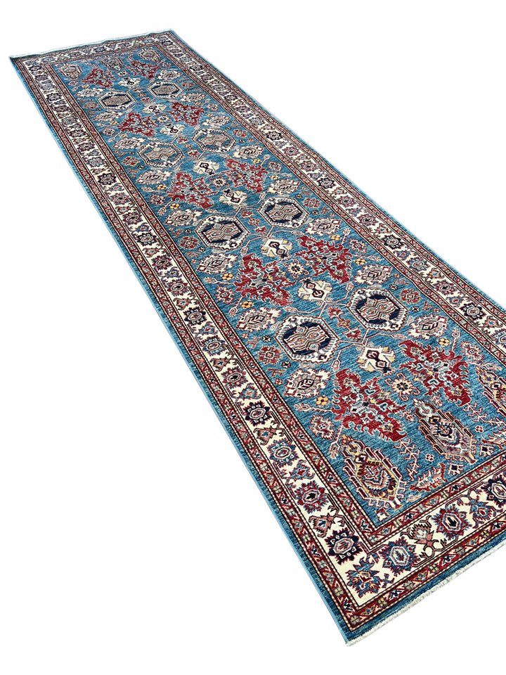 Blue, Burgundy &amp; Ivory Geometric Floral Wool Runner Rug – 4’0” x 13’3”