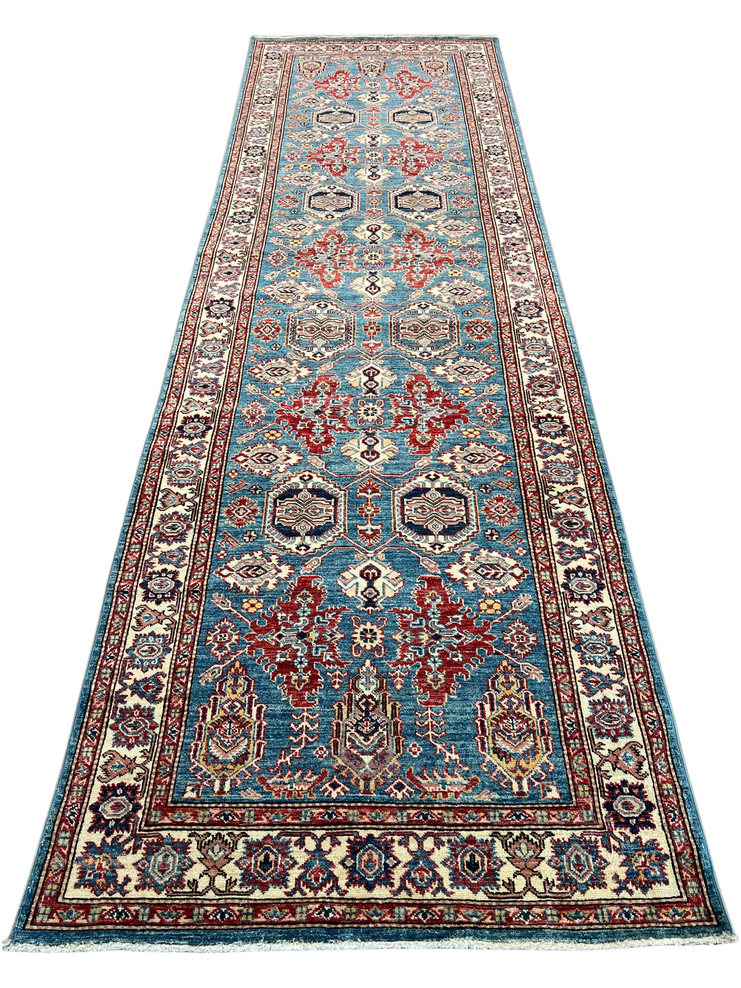 Blue, Burgundy &amp; Ivory Geometric Floral Wool Runner Rug – 4’0” x 13’3”