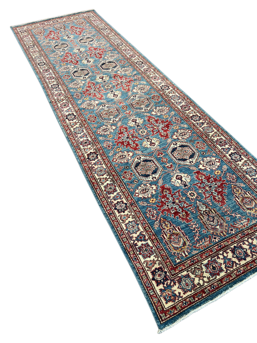 Blue, Burgundy &amp; Ivory Geometric Floral Wool Runner Rug – 4’0” x 13’3”