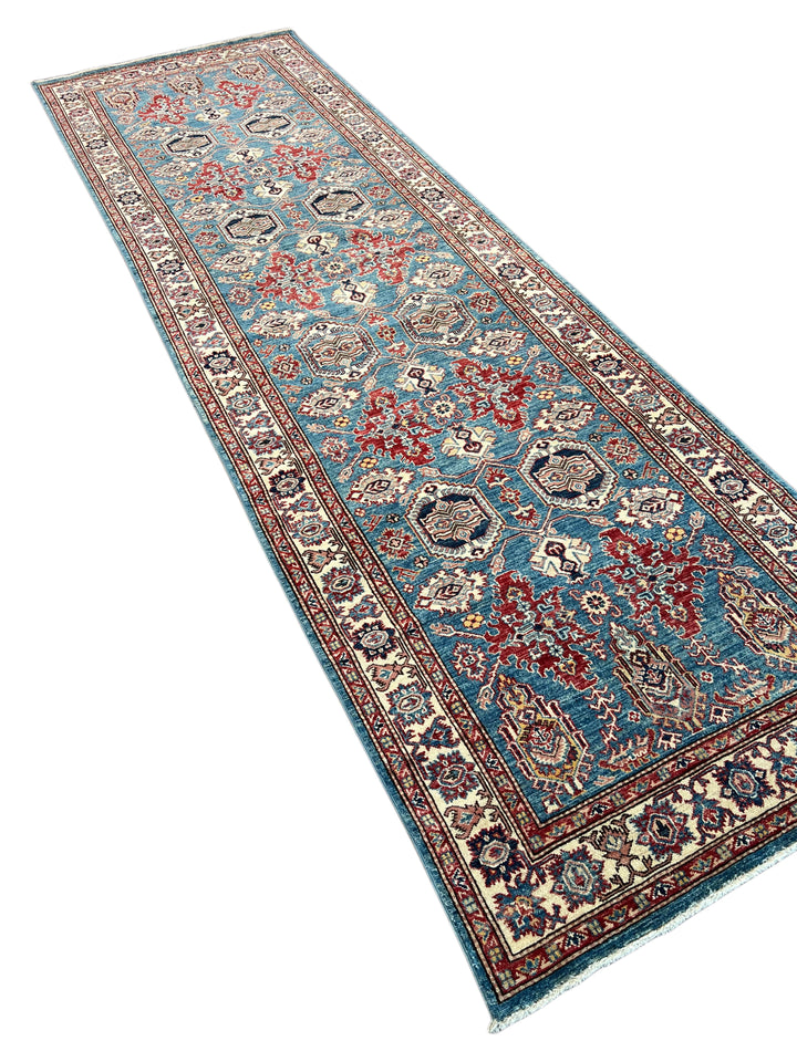 Blue, Burgundy &amp; Ivory Geometric Floral Wool Runner Rug – 4’0” x 13’3”