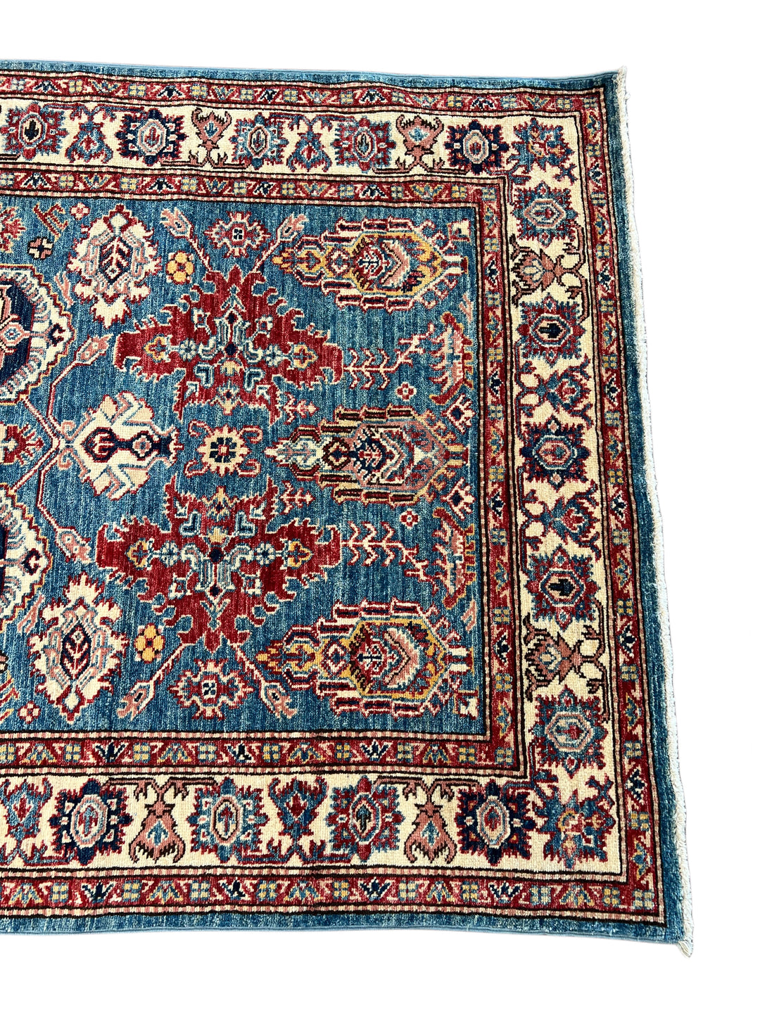Blue, Burgundy &amp; Ivory Geometric Floral Wool Runner Rug – 4’0” x 13’3”