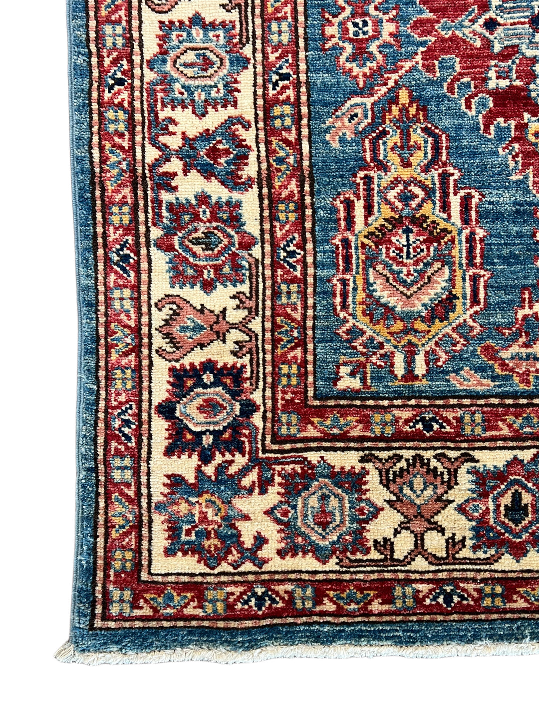 Blue, Burgundy &amp; Ivory Geometric Floral Wool Runner Rug – 4’0” x 13’3”