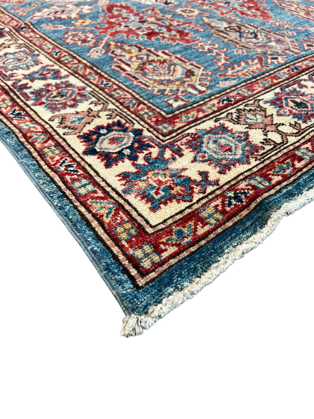 Blue, Burgundy &amp; Ivory Geometric Floral Wool Runner Rug – 4’0” x 13’3”