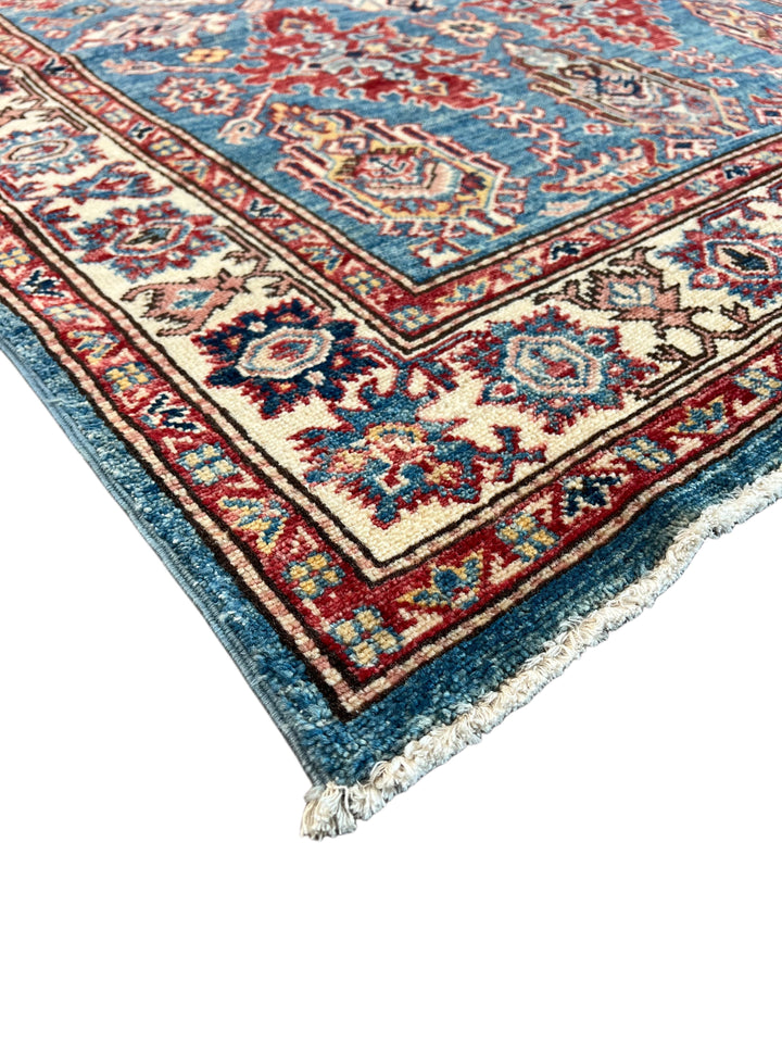 Blue, Burgundy &amp; Ivory Geometric Floral Wool Runner Rug – 4’0” x 13’3”