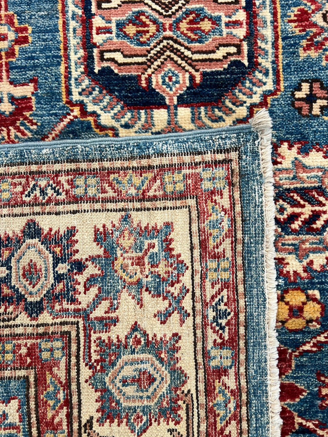Blue, Burgundy &amp; Ivory Geometric Floral Wool Runner Rug – 4’0” x 13’3”