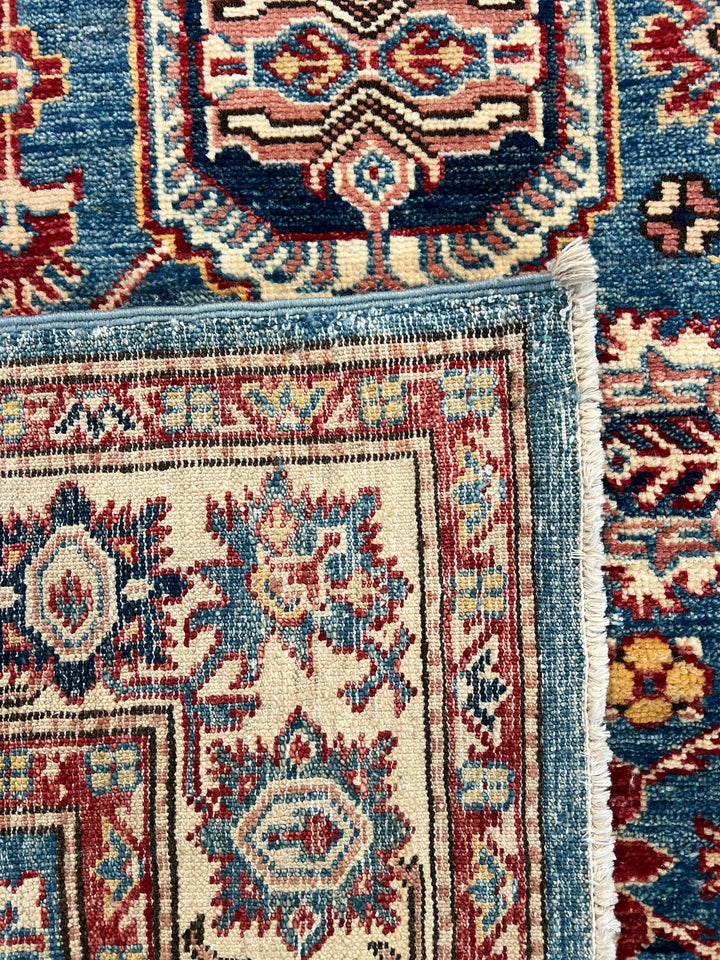 Blue, Burgundy &amp; Ivory Geometric Floral Wool Runner Rug – 4’0” x 13’3”