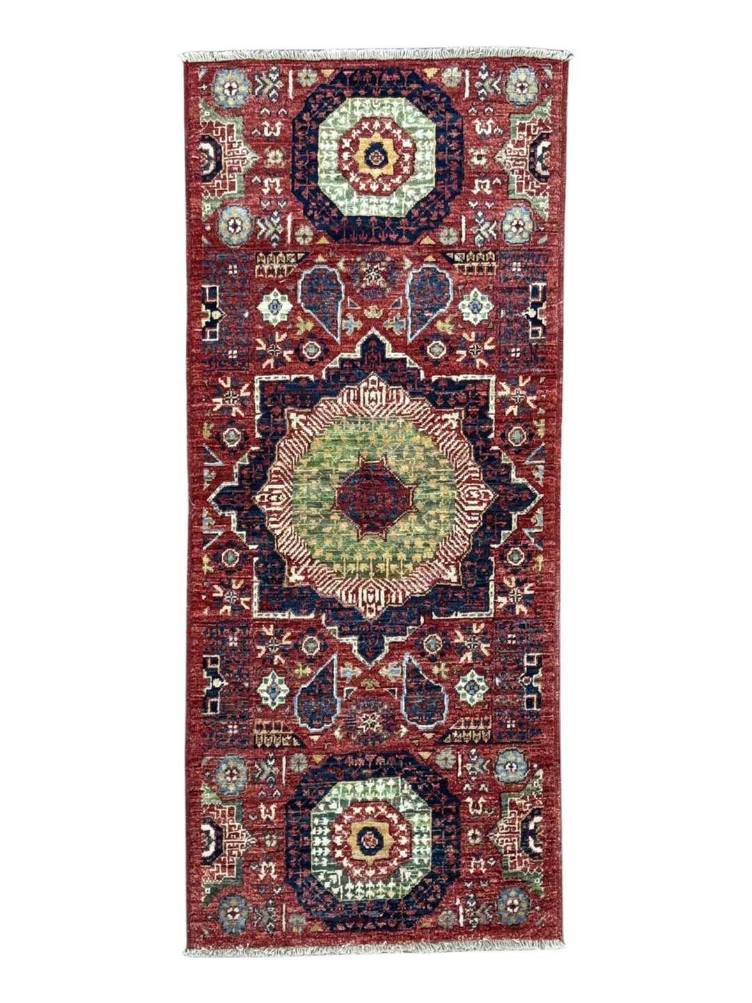 Rust Red, Navy &amp; Sage Green Geometric Medallion Wool Rug – 2’0” x 4’9”